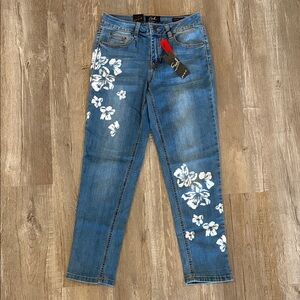 Earl Jeans Blue Straight Leg with White Floral Accents